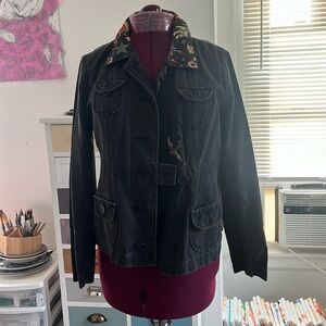 Vintage upcycled jacket with mermaid swallow and scorpion black jacket mossino